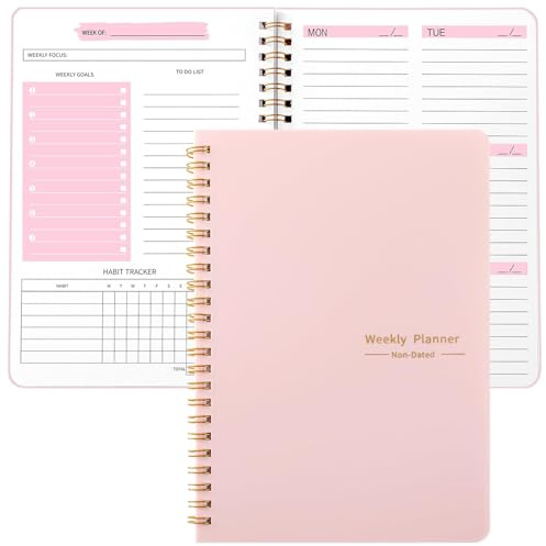 Zhswlp Cuaderno planificador semanal A5, cuaderno de lista de tareas sin fecha, 52 semanas de seguimiento diario para la vida diaria, trabajo, estudiantes (A5 planificador semanal rosa)