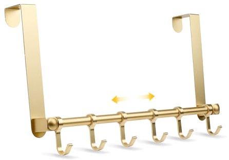 Over Door Hanger, Over the Door Hook Moving 6-Hooks,Back of Door Hooks for Hanging, Aluminum Door Hanger for Towel Robe Hat Bag, Door Hook for bedrooms, Behind Back of Door Bathroom (Gold)