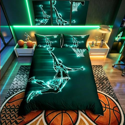 Homemissing Set di biancheria da letto per bambini, ragazzi e ragazze, con motivo pallacanestro, per gli amanti del basket, per letto singolo, 2 pezzi, con cerniera