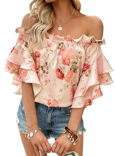 SOLY HUX Women's Floral Print Blouse Off Shoulder Ruffle Trim Half Sleeve Summer Tops Pink Floral Small