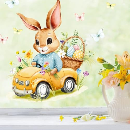 Wandtattoo Loft: Fensterbild Frühling Ostern Hasen im gelben Auto mit Schmetterlingen Ostereiern und Blumen Fensterdeko Kinderzimmer Kind Frühlingsdeko, 1. A4 Bogen