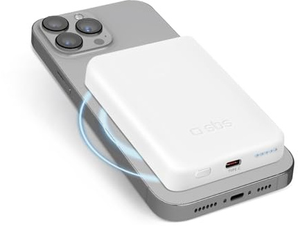 SBS PowerBank 5K MagSafe, 5000mAh, Wireless 10W, Power Bank mit Schnellladung, Magnetisch, Intelligent Charge (IC), Lade-LED, USB-C, Tragbares Reise-Ladegerät, Kompaktes Design, Weiß | Kabellos, 10 W, magnetisch, Intelligent Charge (IC), LED-Ladegerät, USB-C, tragbares Reise-Ladegerät, kompaktes Design, Weiß