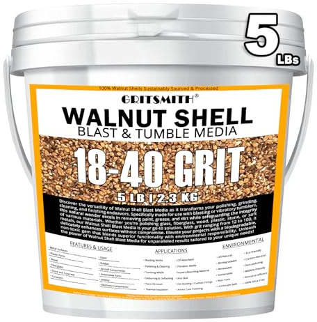 GRITSMITH 18-40 Grit Premium Crushed Walnut Shell Media (5 LBS / 2.3 KG) | Fine Grit, Vibratory Tumbling, Sand Blasting, Brass Case Cleaning, Polishing, Deburring, Pincushion Filler, Crafts