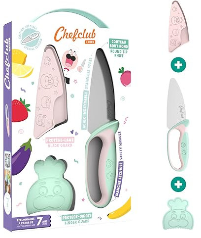 CHEFCLUB KIDS- Kit Couteau de Cuisine pour Enfants - Lame Acier Inoxydable - Protège-Doigts et Protège-Lame - Ustensile Sécurisé et Ergonomique - Rose & Vert pastel - Idéal dès 7 ans