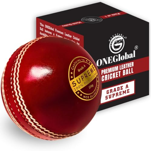 ONEGlobal Supreme - Palla da cricket in vera pelle, con cuciture cucite a mano, palline rigide di qualità per partite di club e campionati (155,9 g, per anziani, 1-rosso)
