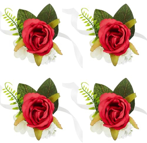 craspire 4 Stück Rosen Ansteckblume Fürs Handgelenk Dunkelrote Kunstblume Aus Seide Und Kunststoff Mit Grünem Blatt Seidenband Blumenbrosche Fürs Handgelenk Für Braut Brautjungfern Abschlussball