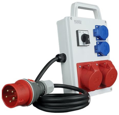 RoadEu - Steckdosenverteiler, 2x CEE 16A Steckdose mit Schalter und Schuko 230V - Stromverteiler mit Hauptschalter 0-1. CEE Stecker 16A, Starkstromkabel 16A - 1m. Europäische Komponenten