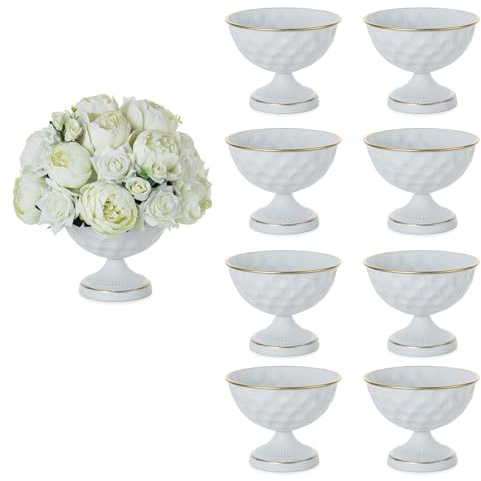 Sziqiqi Urn Vases for Wedding Centrepiece: 6.1in White Metal Urn Vases Set of 10 Bulk Compote Vase for Wedding Decorations - Flower Arrangements Table Vase Plant Bowl for Wedding Party Event
