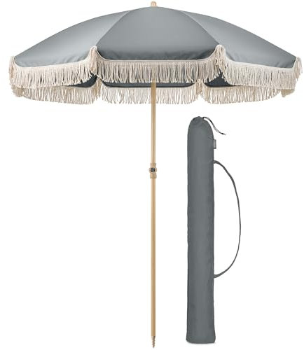 CHRISTOW Portable Garden Parasol with Tilt, 2m Cotton Tassel Beach Umbrella, Outdoor Patio Sunshade, Tilting Canopy, Steel Pole with Wood Effect, UV50+ Sun Protection, Water Resistant, Bag (Grey)