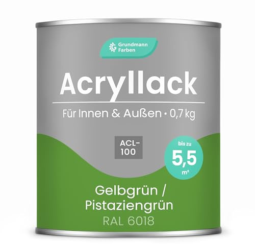Grundmann Acryllack ACL 100 - Pistaziengrün 0,7 Kg - 4in1 Lack inkl. Grundierung - Innen und Außen - Für Holz, Metall, Stein & Kunststoff - Gelbgrün RAL 6018