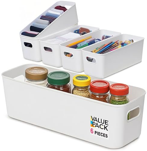 Mofeisor Narrow Kitchen Cupboard Storage Box, Pack of 6 White Plastic Basket, Cupboard Storage Organiser, Bathroom Boxes Organisers, 27 x 9.5 x 10 cm