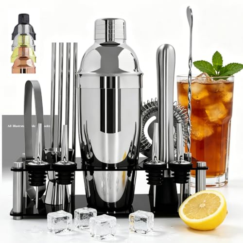 Ensemble de 14 pièces pour cocktail avec support noir, ensemble d'outils de bar pour mélanger les boissons, accessoires de bar : shaker de 750 ml, doseur, pilon, recettes de cocktail (argent)
