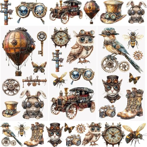 WANDIC 3 Sheets Rub On Transfer Stickers Retro Steam Punk Style Waterproof Decals Furniture Craft Decorative for DIY Scrapbooking Photo Albums,15 * 30cm