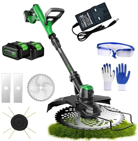 Cordless Electric Strimmer - Brushless Weed Wacker with Gloves, Goggles, 2 x 3000mAh Batteries, 3 Blades, 1-30cm Adjustable Lawn Mower for Garden Use
