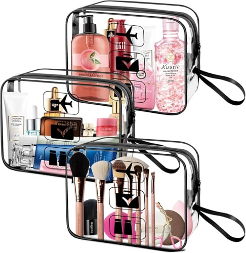 TIECHI 3 Stück Kulturbeutel Transparent, 1 Liter Beutel Flugzeug Handgepäck, PVC Flüssigkeiten Beutel Handgepäck, Kosmetiktasche Wasserdicht Damen & Herren (Schwarz mit Griff)