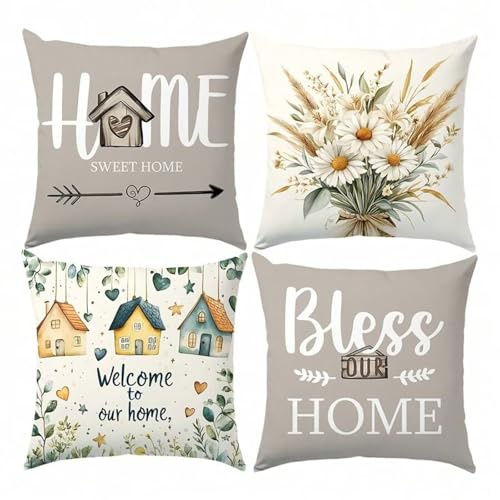 KIZIFI 4 Stück Florales Grau Kissenbezug 35x35 cm, Kissenbezüge Doppelseitiges Muster, Sommer Kissenbezug Dekoration, Leinen Sofa Zierkissenbezug für Sofa Outdoor Kissenhülle