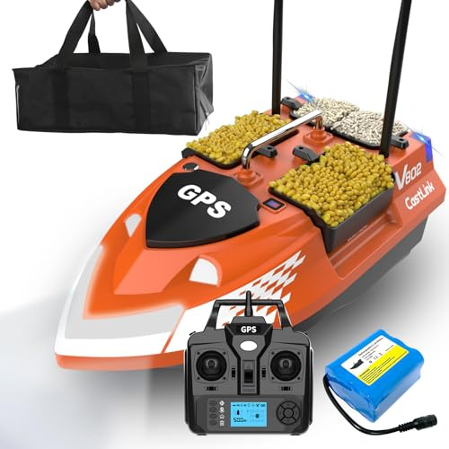 LANGSHI GPS Smart RC Fischköderboot, Auto Cruise Dual Antenna 4 Hoppers Große Kapazität LED Nachtlichtboot (Orange,18000mAh)