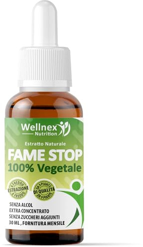 Fame Stop 30ml, Estratto 100% Vegetale, 9 Piante Amaro Sazianti, Aiuto per il Controllo della Fame, Senza Alcol, No Zuccheri Aggiunti, Estratto di Carciofo, Genziana, Angelica | Wellnex Nutrition