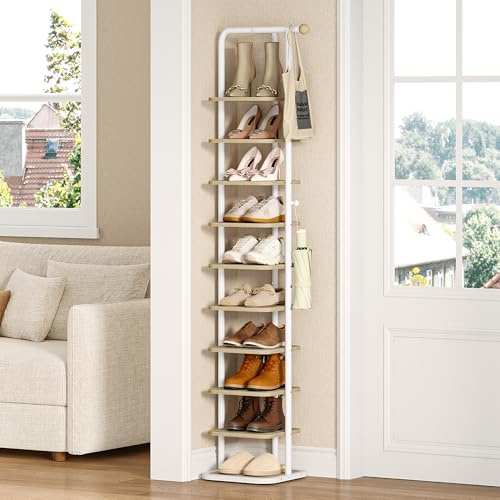 HEXCELEN Schuhregal, 10-Stockige Schuhablage Schmal, Vertikales Schuhregal, Verstellbar Ablage, für Eingangsbereich Wohnzimmer Schlafzimmer Flur, Weißeiche und Weiß
