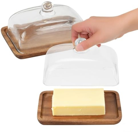 Beurrier en bois avec dôme transparent - Plateau à gâteau de mariage vintage classique - Plateau multifonction - Plateau de présentation de dessert, pâtisserie, support à fruits (1 pièce)