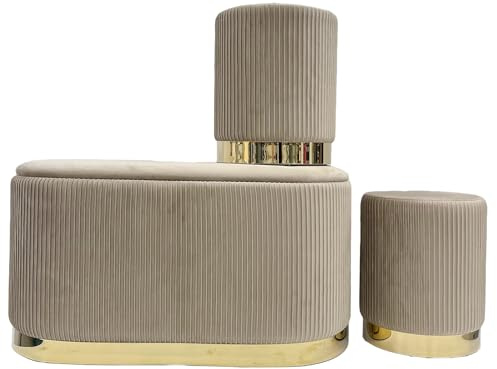 IlGruppone Set 3 Pouf in Velluto – Panca Contenitore Grande con Cuscino 42x80 cm + 2 Pouf Piccoli 29x35 cm, Design Moderno Elegante, Poggiapiedi e Seduta Aggiuntiva - Tortora