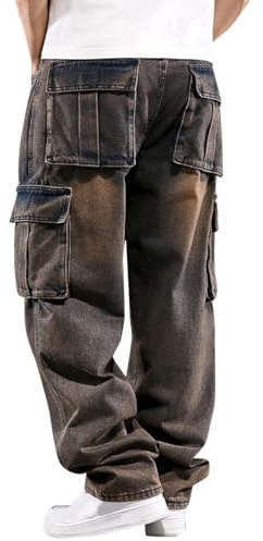 Generiska jeansbyxor herr baggy: Denim byxor med många fickor jeans överdimensionerade jeans ventilerande slip-on byxor lätta fritidsbyxor slitstarka utomhusbyxor klassiska bekväma stretchjeans, GUL
