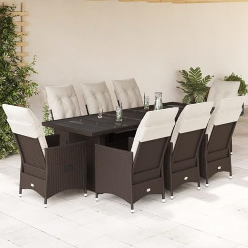 Ziaphsol Ensemble bistro de jardin de 9 pièces avec coussins, en polyrotin marron, fauteuil de relaxation réglable, table en verre, résistant aux UV, pour balcon, terrasse et extérieur