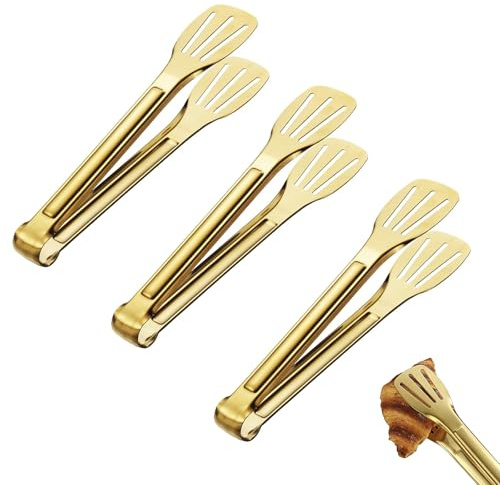 3 Pcs Gold Food Serving Tongs, 7 Inch Stainless Steel Kitchen Tongs with Non-Slip Handle Gold Kitchen Cooking Buffet Tongs for BBQ Pasta Salad Cake Home Party