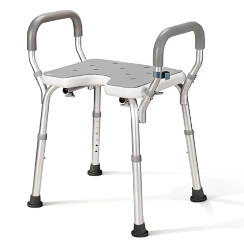 Duschhocker für Senioren, 6-stufig höhenverstellbarer Badewannenhocker mit Armlehnen & U-Sitz, Rutschfester Aluminium Duschstuhl mit Eva-Polster, 38-67cm, 150kg Tragkraft für barrierefreies Baden