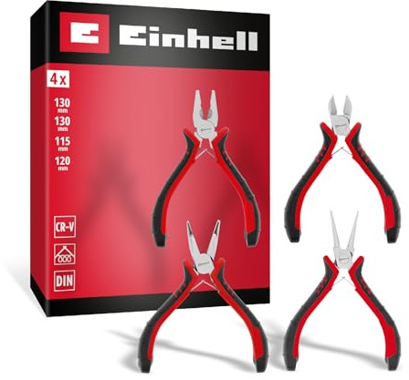 Original Einhell Precisionstång 4 st (avbitartång, kombinerad, böjd, rund, CrV-stål, härdad, fjäder, ergonomiska handtag)