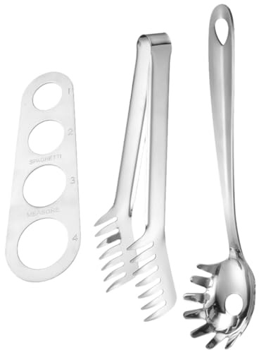 Gatuida Ustensiles à Pâtes 3 Pièces en Acier Inoxydable, Cuillère à Spaghettis Fentes, Pince Ergonomique, Appareil Mesure Spaghetti, Outil la Cuisine Polyvalent pour Usage Quotidien