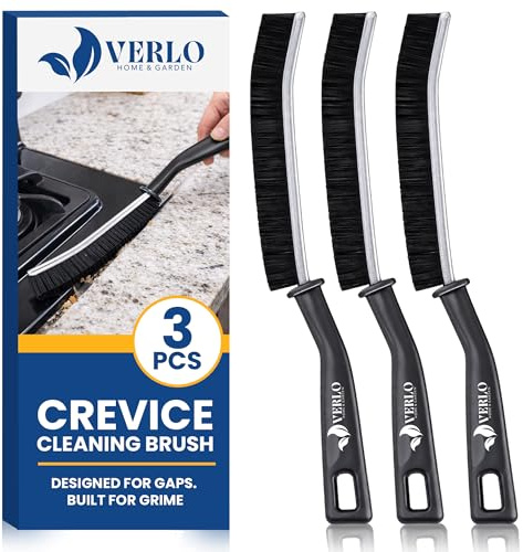 Hard Bristle Crevice Cleaning Brush 3 Pack, Thin Grout Brush for Tile and Bathroom, Gap Cleaner for Kitchen, Shower, Window Track and Radiator, Black, Grip Handle, Verlo
