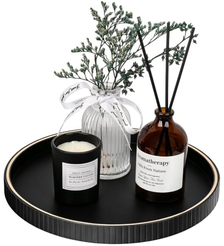 THCTYRP, Plateau Rond en Cuir Synthétique 30 cm, Grand, Décoratif, Noir | Pour Salon, Cuisine, Chambre, Cosmétiques, Bijoux, Bougies