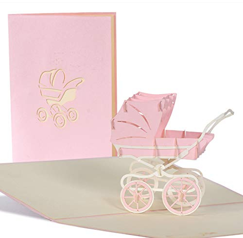 Pop Up Karte mit rosa Kinderwagen aus Papier, Glueckwunschkarte zur Geburt von Maedchen, Baby Dusche G13.3