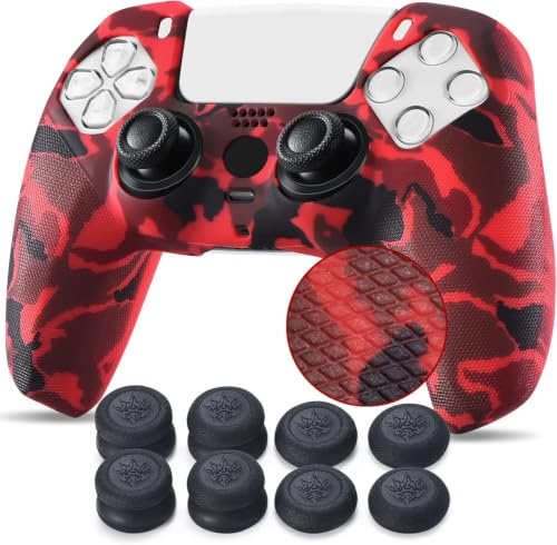 Yorha Studded Drucken Silikon Hülle Abdeckungs Haut Kasten für PS5 Controller x 1 (Rot) Mit Pro aufsätze Thumb Grips x 10