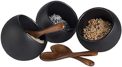 APS Servierset MOON - 6-teiliges Set: 3 Melamin-Schalen (Ø 8cm) + 3 Löffel aus Holz, Schwarz