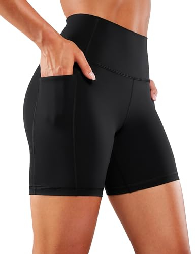 CRZ YOGA Mujeres Yoga Pantalones Cortos - 15 cm Cintura Alta Motociclista Pantalones Cortos con Bolsillos Negroc - 6'' 40