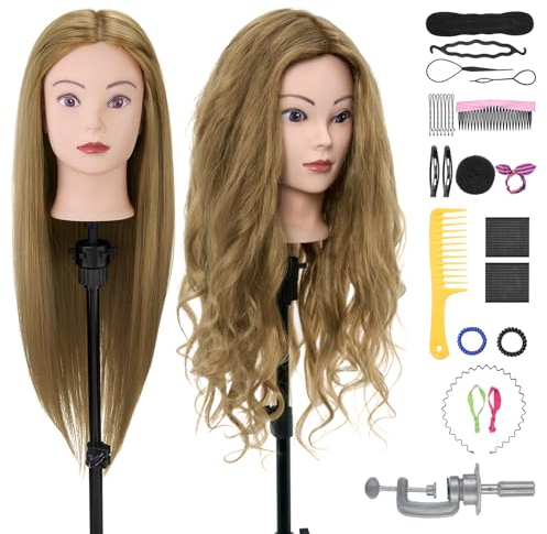 28Inch Hairdressing head 80% Real hair,Mannequin Head with Hair,Doll Head for Hair Styling,Cosmetology Training Styling Head Practice Head with table clamp + Hairdressing Tools Accessories Set(Blonde)