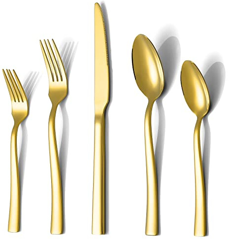Gold Silverware Set, Briout 40 Piece Stainless Steel Flatware Cutlery Set Service for 8 Luxury Square Tableware Thick Knife Fork Spoon for Home Kitchen Restaurant Wedding, Mirror Polished