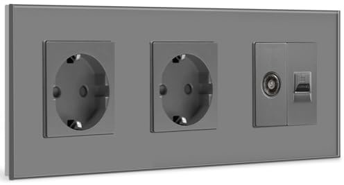BSEED Schuko Steckdose mit 1/2 PC mit TV Grau Glas Panel Steckdose Glas TV antenna coaxial and RJ55 Cat5e Ethernet 16 Amp Steckdose 228mm Doppelt Wandsteckdose Verlängerungssteckdosen