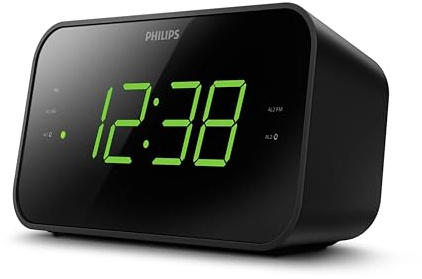 Philips Digital Alarm Clock Radio, FM Radio Alarm Clocks for Bedrooms, Dual Alarm Clock Radios for Bedroom with Battery Backup, Sleep Timer Function, Easy Snooze and Large LED Display - Black