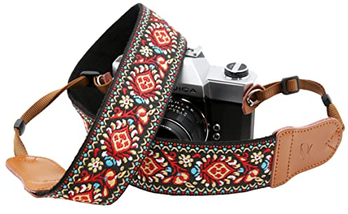 Padwa Lifestyle Red Flower Camera Strap - 2 Wide Cowhide Head, Embroidered Cotton Woven Vintage Camera Straps,Universal Neck & Shoulder Strap for All DSLR Cameras and Men & Women Photographers