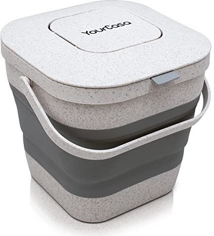 YourCasa® Faltbarer Biomülleimer 4L - kompakter Bio Mülleimer mit geruchsdichtem Aktivkohlefilter-Deckel - spülmaschinenfest & platzsparend - ideal für Küche, Camping & Wohnmobil (Grau)