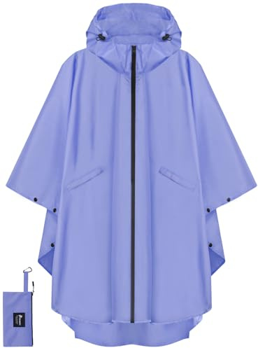 PTEROMY Hooded Rain Poncho for Adult with Pocket and Zipper, Waterproof Lightweight Raincoat for Men and Women (Purple)