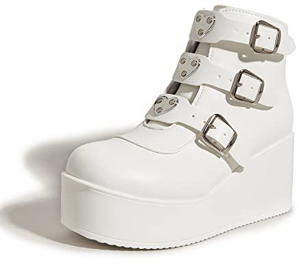 LUCKY STEP Damen-Plateau-Stiefeletten mit klobiger Sohle – Runde Zehenpartie Reißverschluss Keilabsatz Rave-Schnalle Dicke Sohle Goth-Stiefel (Weiß, 8US-39EU-6UK)