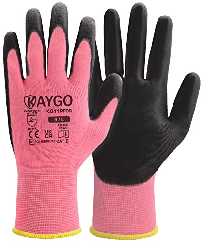 KAYGO 12 Paar Arbeitshandschuhe für Herren Damen, PU beschichtet, KG11PF | Schutzhandschuhe, antirutsch Grip an Handflächen und Fingern, Geeignet für Lager DIY Gartenarbeit (Rosa, L, Gr 9)