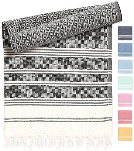 Fit-Flip Hammam Beach Towel XXL Made from 100% Cotton - Quick-Drying Turkish hamam Towels - Large fouta or pestemal Ideal as a Thin Sauna Blanket - Anthracite – 100x200cm Diamond