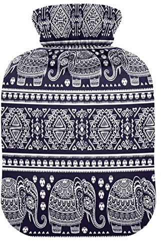 Geometric Ethnic Floral Elephant Hot Water Bottle with Cover, 2 L Transparent Hot Water Bag Hot Cold Compress, Great for Cramps Back Shoulder Pain Relief, Kids Men Women Hand Foot Warmer