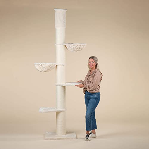 RHRQuality Kratzbaum für große Katzen – Maine Coon Tower Plus – 225 bis 245 cm hoch – Mit extra dicken 20 cm Sisalstämmen – Creme