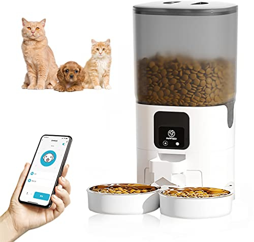 Pahajim Automatic Cat Dog Feeder 2.4G Wi-Fi Smart Pet Feeder 7L Timer Cat Food Dispenser App Control Double Stainless Steel Bowls Dual Power Supply Dry Wet Food Electronic Cat Feeder